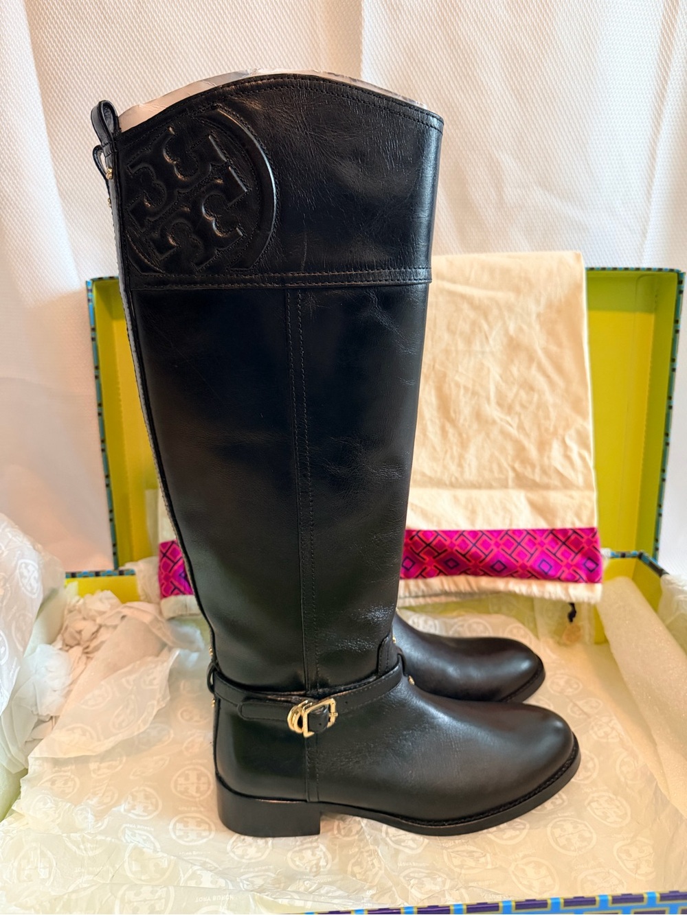 NIB Tory Burch Black Leather Riding Boots with Logo Detail 7.5